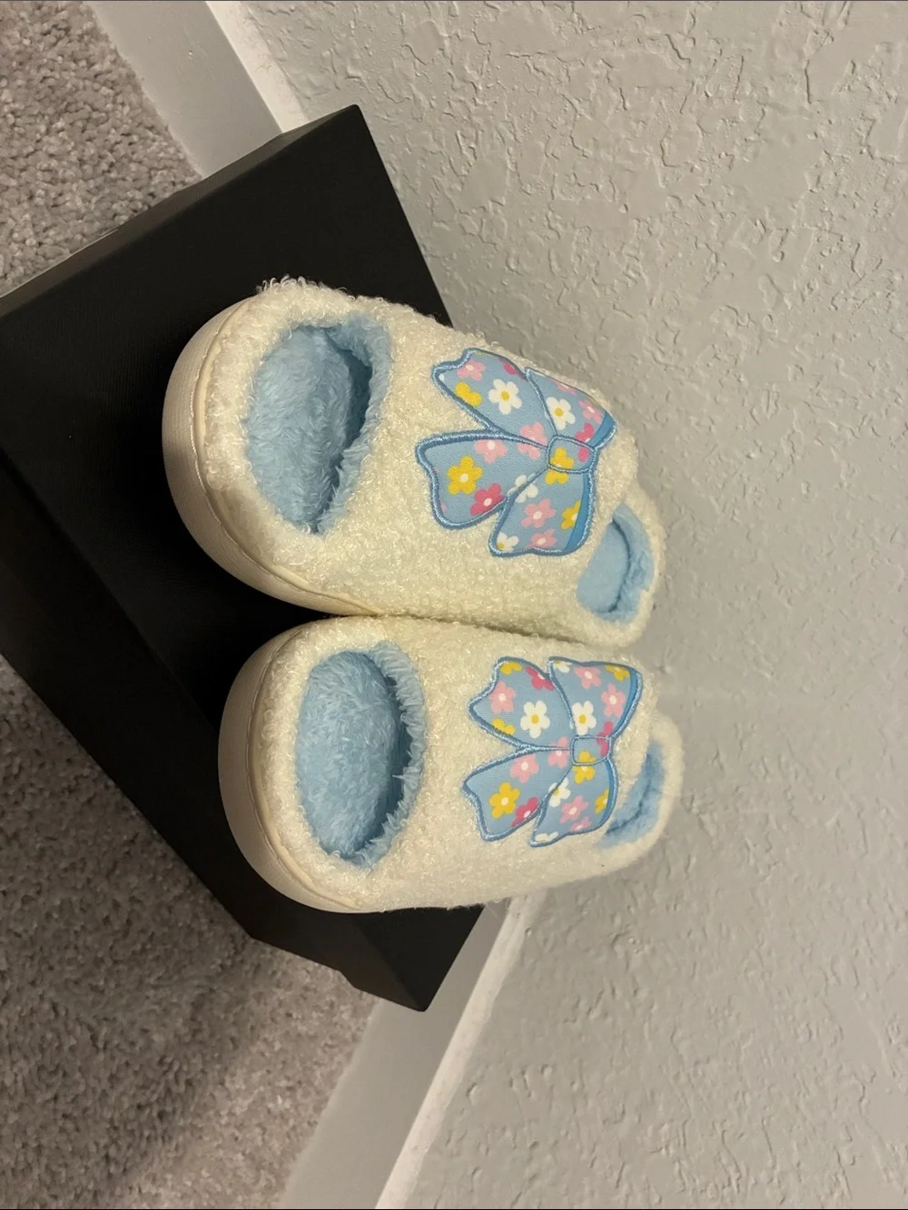 Kids Cream Fuzzy Slip-On Shoes with Blue Floral Bow
